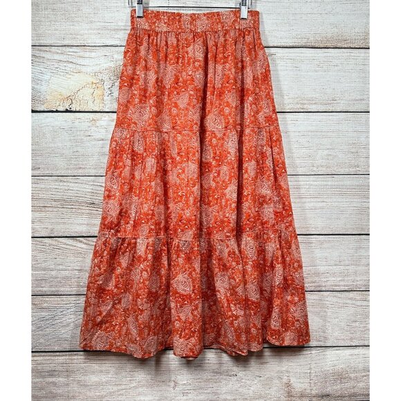 Margaret OLeary Maxi Skirt Womens S Orange White Tiered Pull On Elastic Waist - Picture 2 of 8